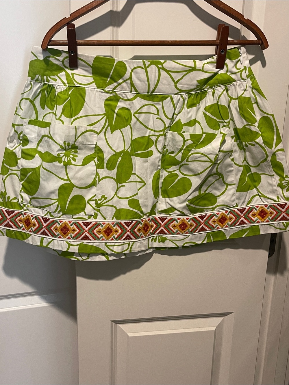 Green Floral Mini Skirt with Embroidered Hem